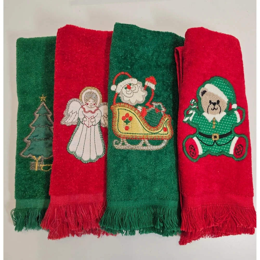 Vintage Cannon Christmas‎ Fringe Towel Set Embroidered Angel Tree Bear Red Green